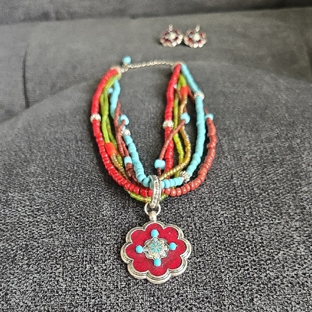 Avon Turquoise & Red Floret Pendant Multi-Strand Necklace & Earrings- 16" to 19"